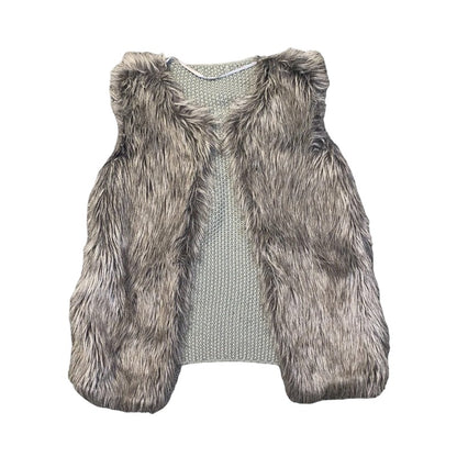 Vintage Faux Fur Vest Grey Gilet Knitted Cardigan Size L