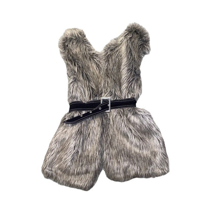 Vintage Faux Fur Vest Grey Gilet Knitted Cardigan Size L