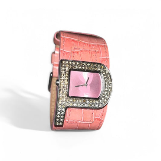 Y2K Playboy Watch Women's Pink Croco Look Crystals